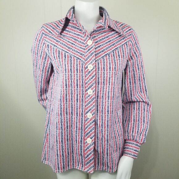VTG Big Collar Shirt 12 M 8 Red White Blue 70s Button Stripe Hippie Rockabilly - Picture 1 of 8